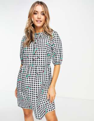 New Look - Robe courte à col fantaisie - Vichy noir à motif cerise