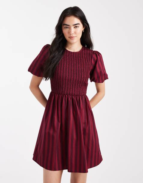 New Look - Robe courte à fronces et rayures - Rouge - view 1