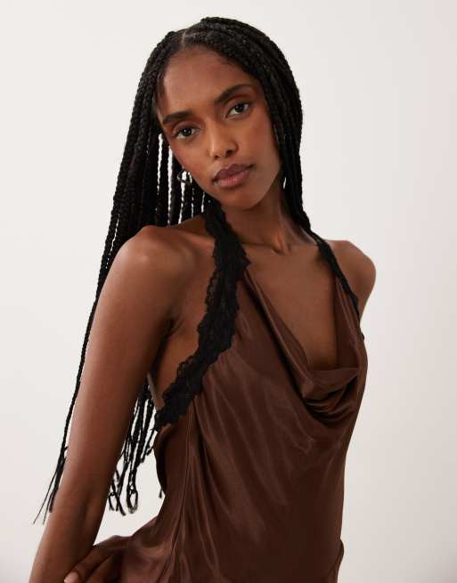 New Look - Robe courte à ourlet asymétrique bordé de dentelle - Marron chocolat, 3 de 4