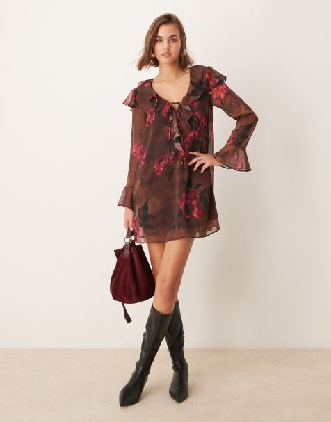 New Look - Robe courte à volants, imprimé fleurs et encolure nouée - Marron - view 1
