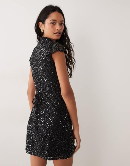 New Look robe courte en dentelle à sequins avec ouverture goutte d'eau noire, 3 de 4