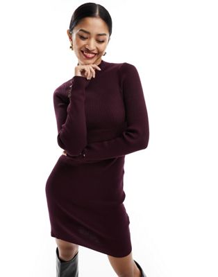 New Look knitted button cuff mini dress in burgundy - ASOS Price Checker