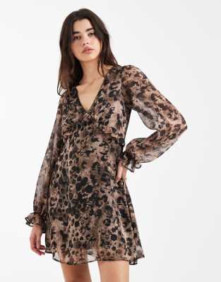 Robe courte en mousseline à imprimé léopard avec volants et col V - Marron-Brown 46