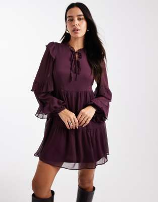 Robe courte en mousseline à volants avec manches longues - Bordeaux-Rouge 36