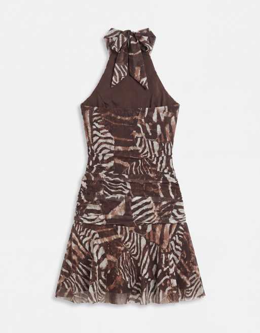 New Look - Robe courte froncée à dos nu et imprimé animal - Marron, 6 de 8