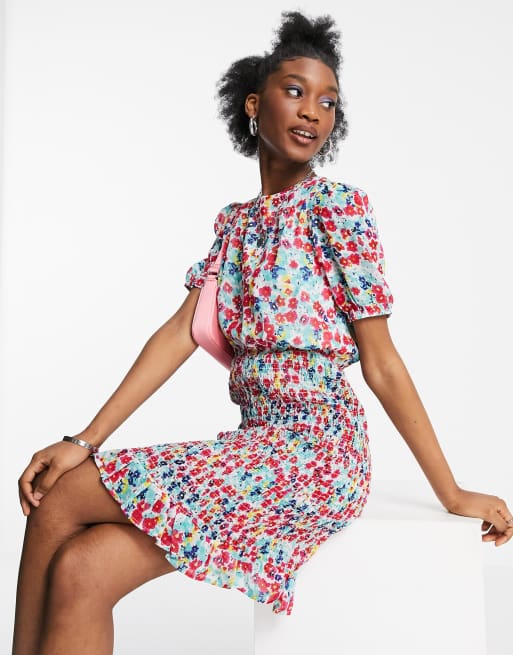 New Look - Robe courte froncée à manches bouffantes - Bleu à motif