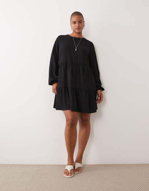 New Look robe courte smock froissée à manches longues noire, 2 de 4