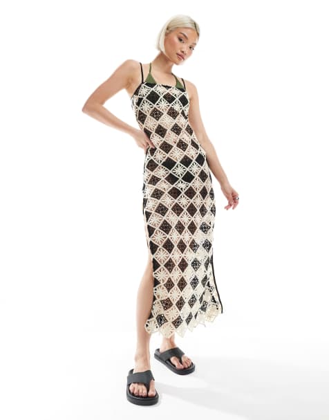 New Look - Robe de plage au crochet à motif carré - Noir et blanc - view 1