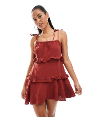 Robe d'été courte à volants étagés - Bordeaux-Rouge 38