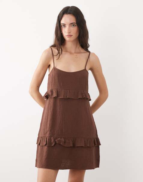 New Look - Robe d'été courte à volants étagés - Marron chocolat - view 1