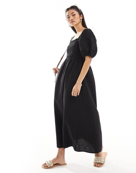 New Look - Robe en lin mélangé avec détails froncés et broderie anglaise - Noir - view 1