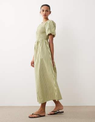 Robe froncée mi-longue à rayures - Vert 44