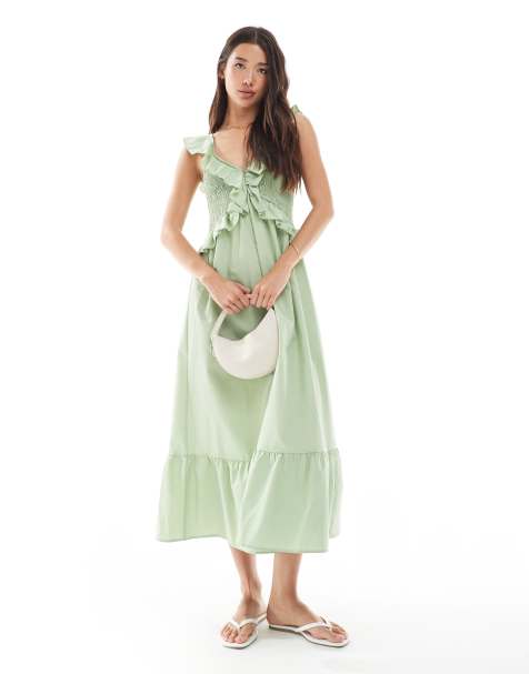 New Look - Robe froncée mi-longue à volants - Vert clair - view 1