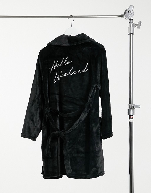 New Look hello weekend slogan soft robe in black