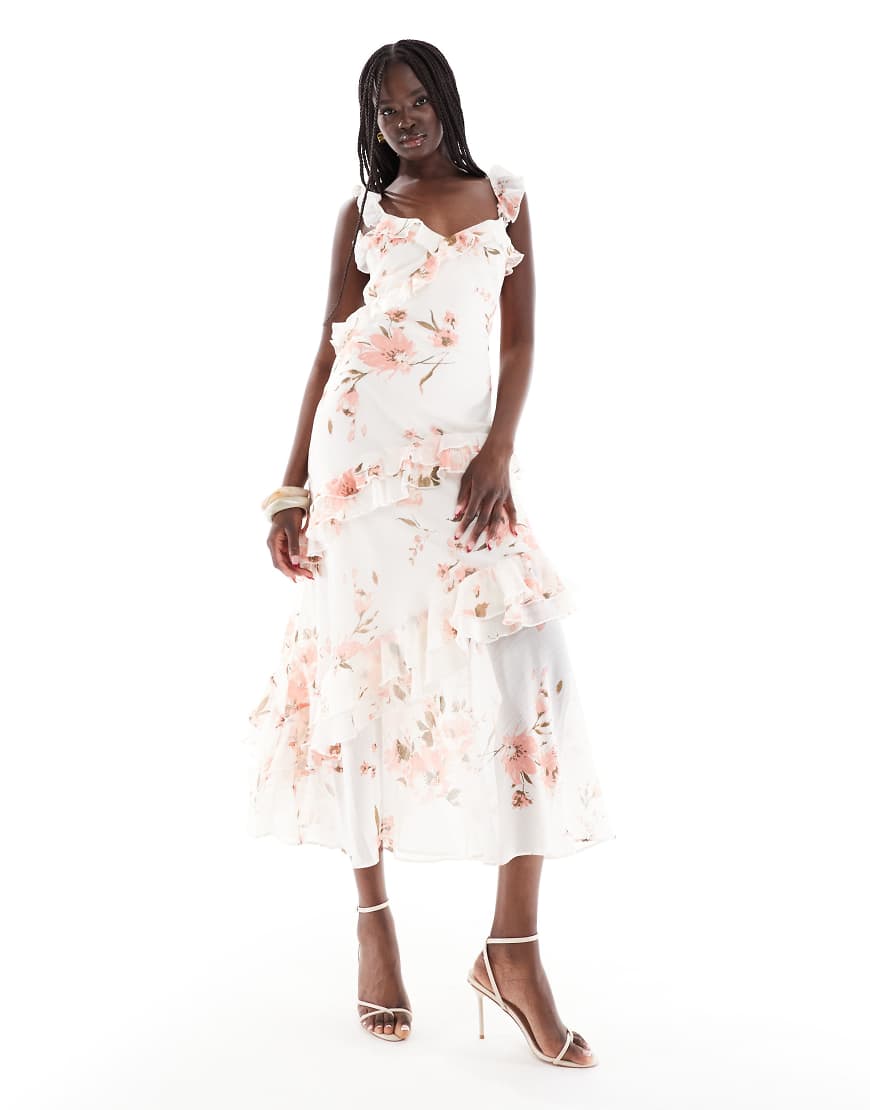 Robe longue à fleurs et volants - Crème-Blanc 40