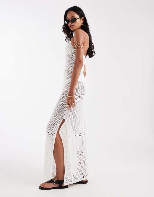 New Look - Robe longue au crochet à dos nu - Crème, 4 de 4