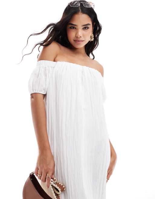 New Look - Robe longue effet froissé à encolure Bardot - Blanc, 3 de 4