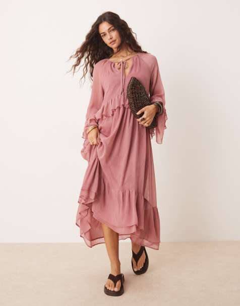 New Look - Robe longue en mousseline avec ourlet à volants et manches longues - Rose - view 1
