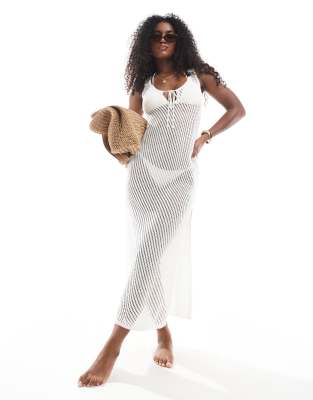 New Look - Robe longue sans manches en maille crochetée ajourée - Crème - view 1