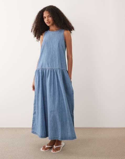 New Look - Robe longueur mollet en jean à taille basse - Bleu moyen - view 1