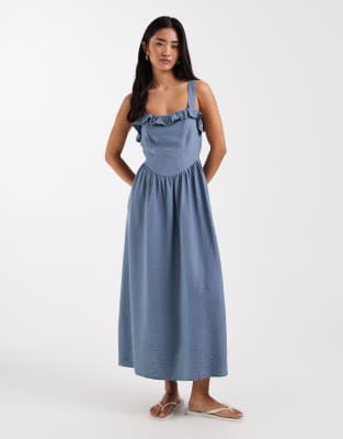 Robe mi-longue à bretelles et volants - Bleu 42