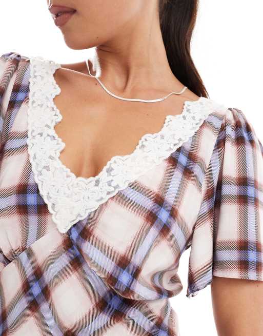 New Look - Robe mi-longue à carreaux et dentelle avec manches évasées - Crème, 3 de 4