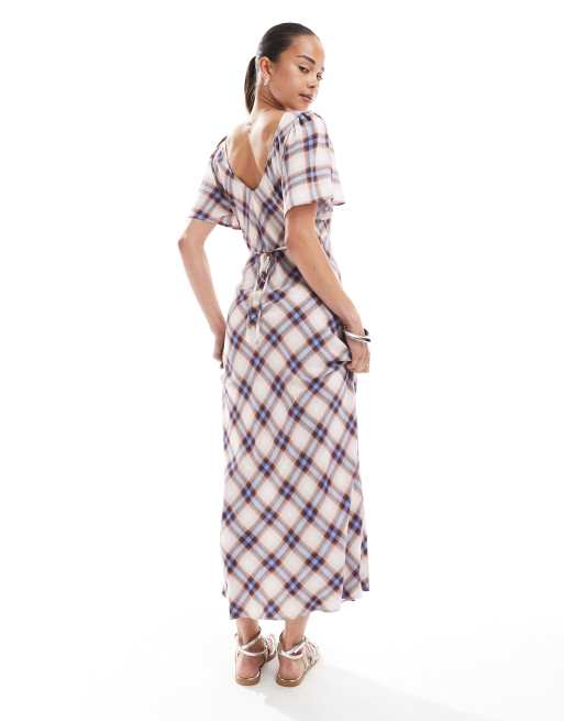 New Look - Robe mi-longue à carreaux et dentelle avec manches évasées - Crème, 4 de 4