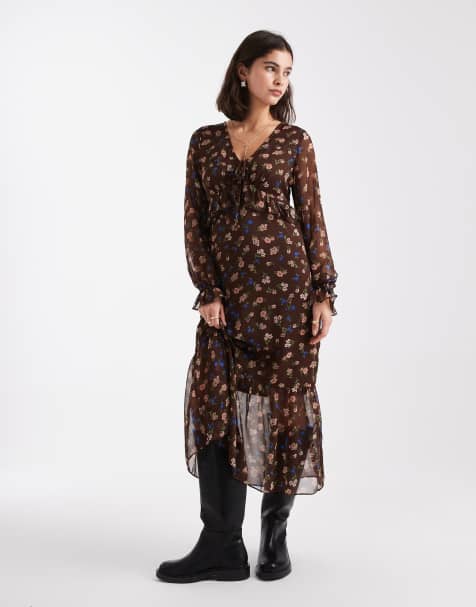 New Look - Robe mi-longue à col V en mousseline - Marron fleuri - view 1