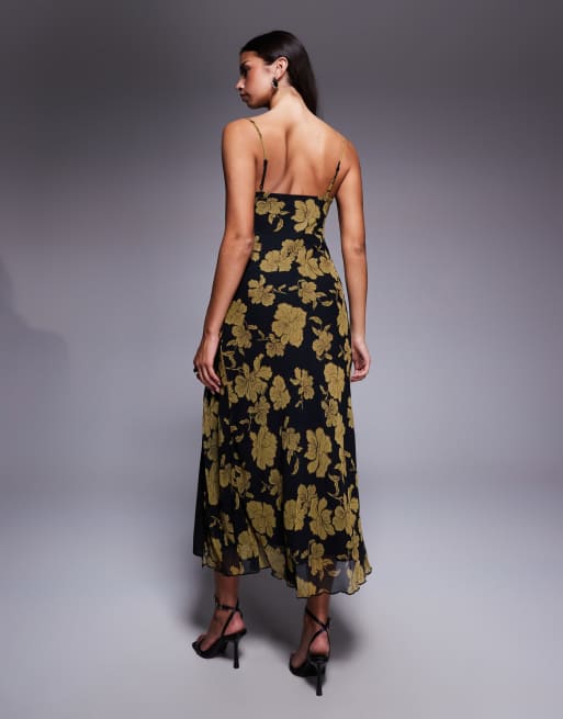 New Look - Robe mi-longue à fleurs et col bénitier - Noir, 3 de 4