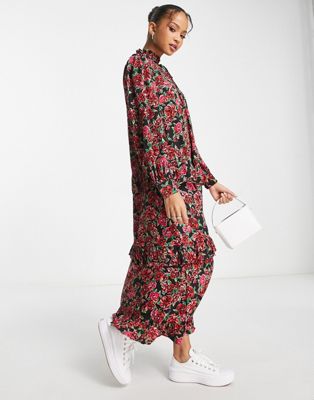 New Look high neck keyhole tiered midi dress in black floral - ASOS Price Checker
