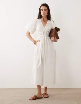 Robe mi-longue à manches bouffantes et col V - Blanc 36