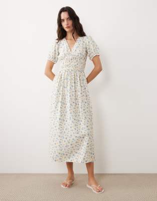 Robe mi-longue à petites fleurs avec taille froncée et col en V - Crème-Blanc 38