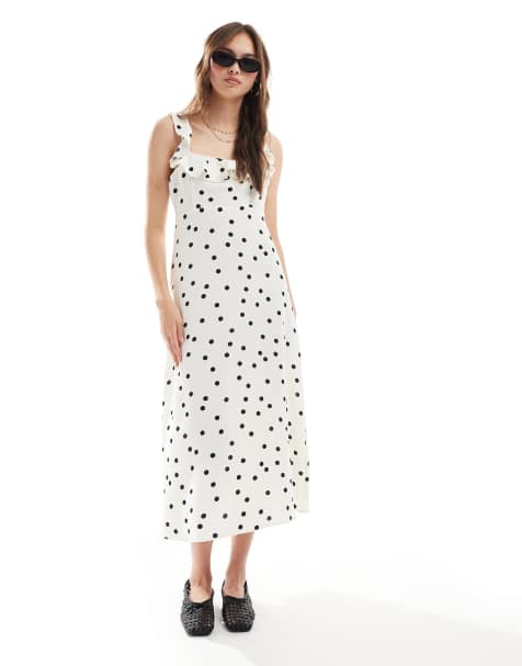 New Look - Robe mi-longue à pois avec bretelles à volants - Crème - view 1