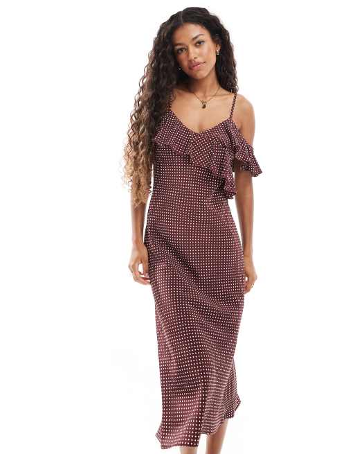 New Look - Robe mi-longue à pois et volants - Marron, 2 de 4