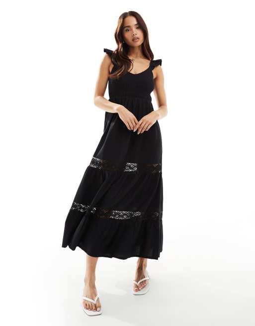 New Look - Robe mi-longue à volants étagés et corsage froncé - Noir