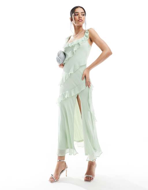 New Look - Robe mi-longue asymétrique volantée - Vert