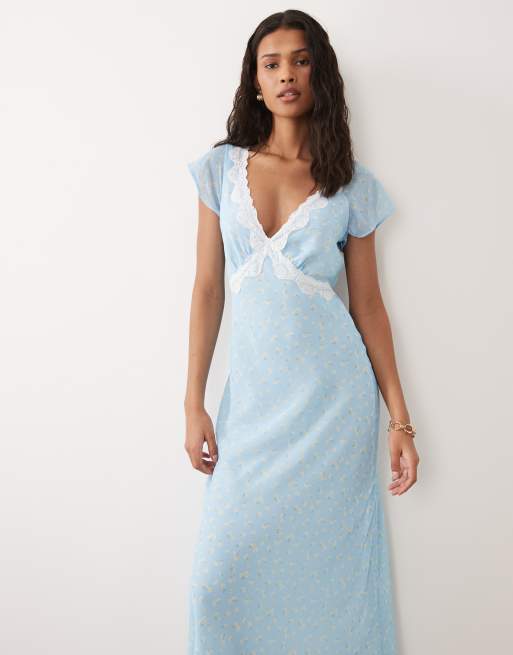 New Look - Robe mi-longue bordée de dentelle à petites fleurs avec mancherons - Bleu, 3 de 4