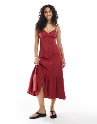 New Look - Robe mi-longue boutonnée - Bordeaux-Rouge