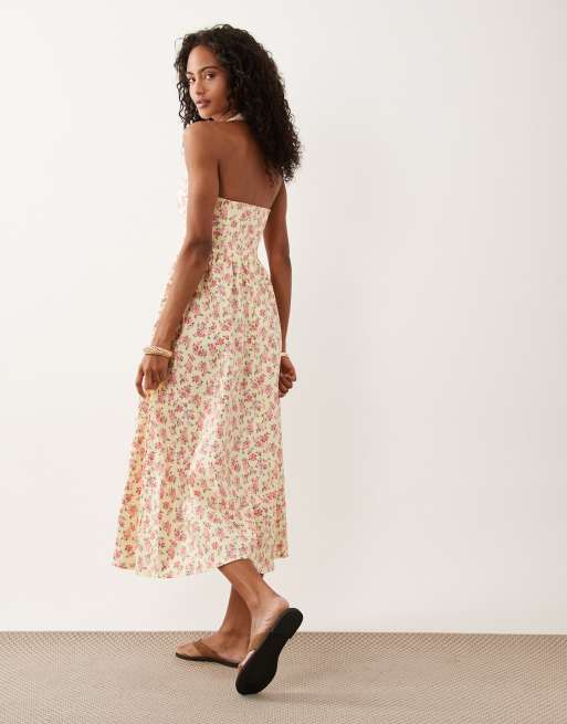 New Look - Robe mi-longue dos nu à petites fleurs et taille basse - Jaune, 3 de 4