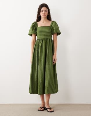 Robe mi-longue en crépon à manches bouffantes - Kaki foncé-Vert 34