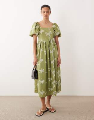 Robe mi-longue en crépon imprimé palmiers avec manches bouffantes - Vert 42