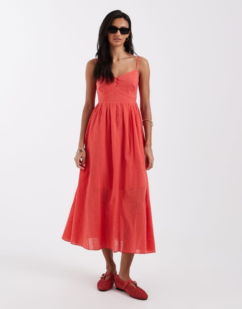 New Look - Robe mi-longue en crépon texturé avec taille en V - Rouge corail - view 1