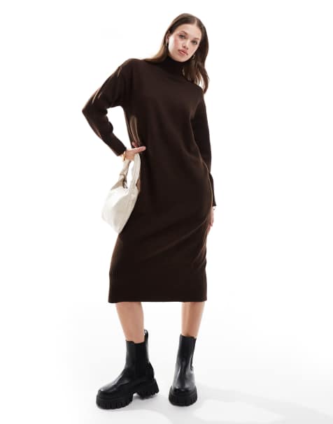 New Look - Robe mi-longue en maille à col droit - Marron - view 1
