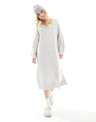 New look knitted pointelle v neck midi dress in grey - ASOS Price Checker