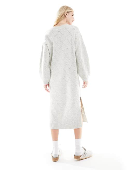 New look - Robe mi-longue en maille pointelle à col V - Gris, 4 de 4