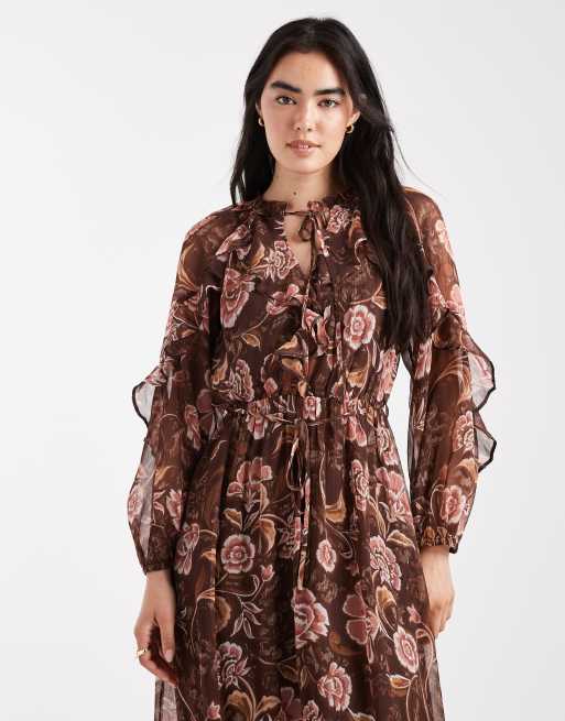New Look - Robe mi-longue en mousseline imprimée - Marron, 2 de 4