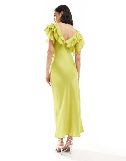 New Look - Robe mi-longue en satin à manches volantées - Vert vif, 2 de 4