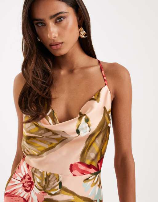 New Look - Robe mi-longue en satin imprimé fleuri avec col bénitier - Corail pâle, 4 de 4