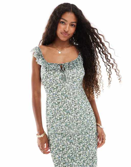 New Look - Robe mi-longue en tulle à petites fleurs et manches à volants - Vert, 3 de 4
