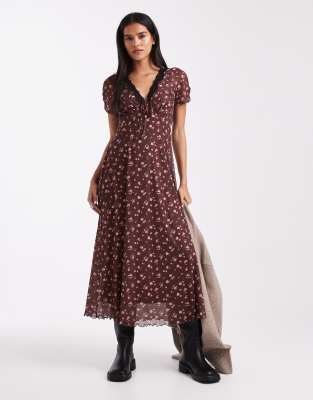 New Look - Robe mi-longue en uylle à fleurs avec bord en dentelle - Marron-Brown